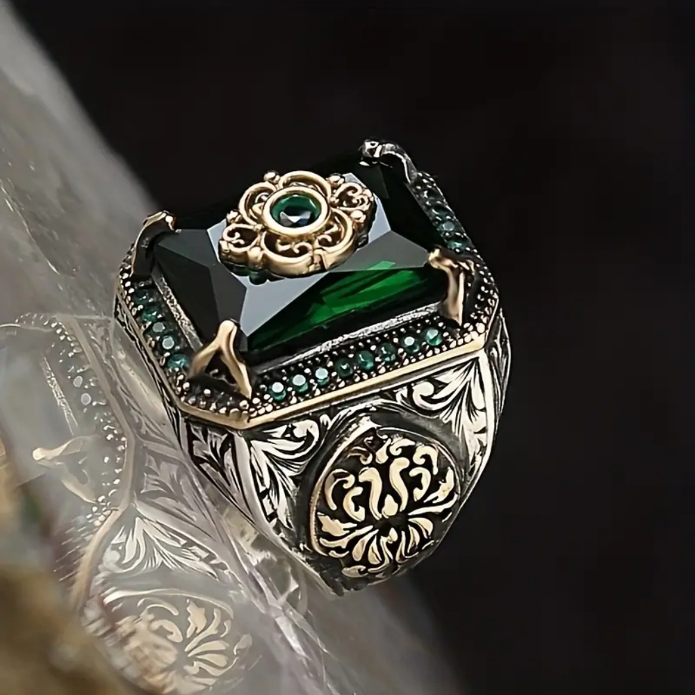 Vintage Hand Carved Ring, Men's Green Synthetic Gemstones Punk Ring, Fashion
